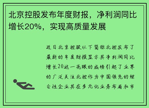 北京控股发布年度财报，净利润同比增长20%，实现高质量发展